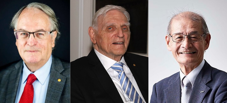 Três cientistas laureados com o Prêmio Nobel de Química de 2019: Stanley Whittingham, John B. Goodenough e Akira Yoshino, reconhecidos por suas contribuições fundamentais ao desenvolvimento das baterias de íons de lítio.
